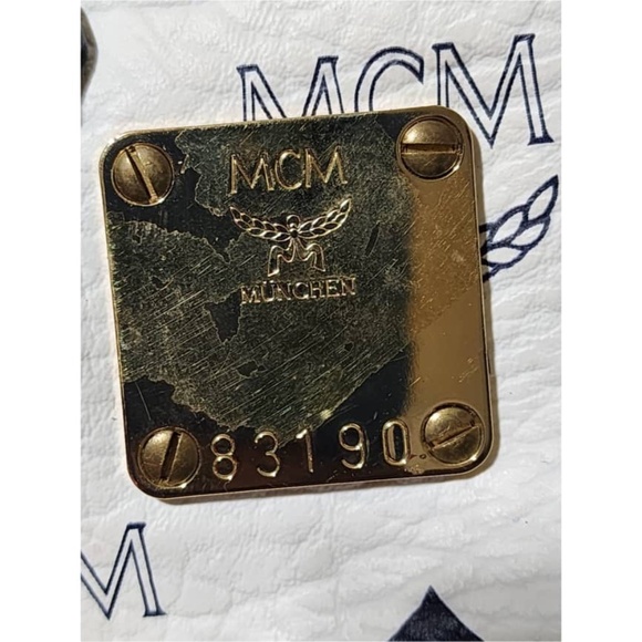 Authentic MCM Vintage Coated Canvas visetos Handle Bag Navy Blue/White - Picture 8 of 14